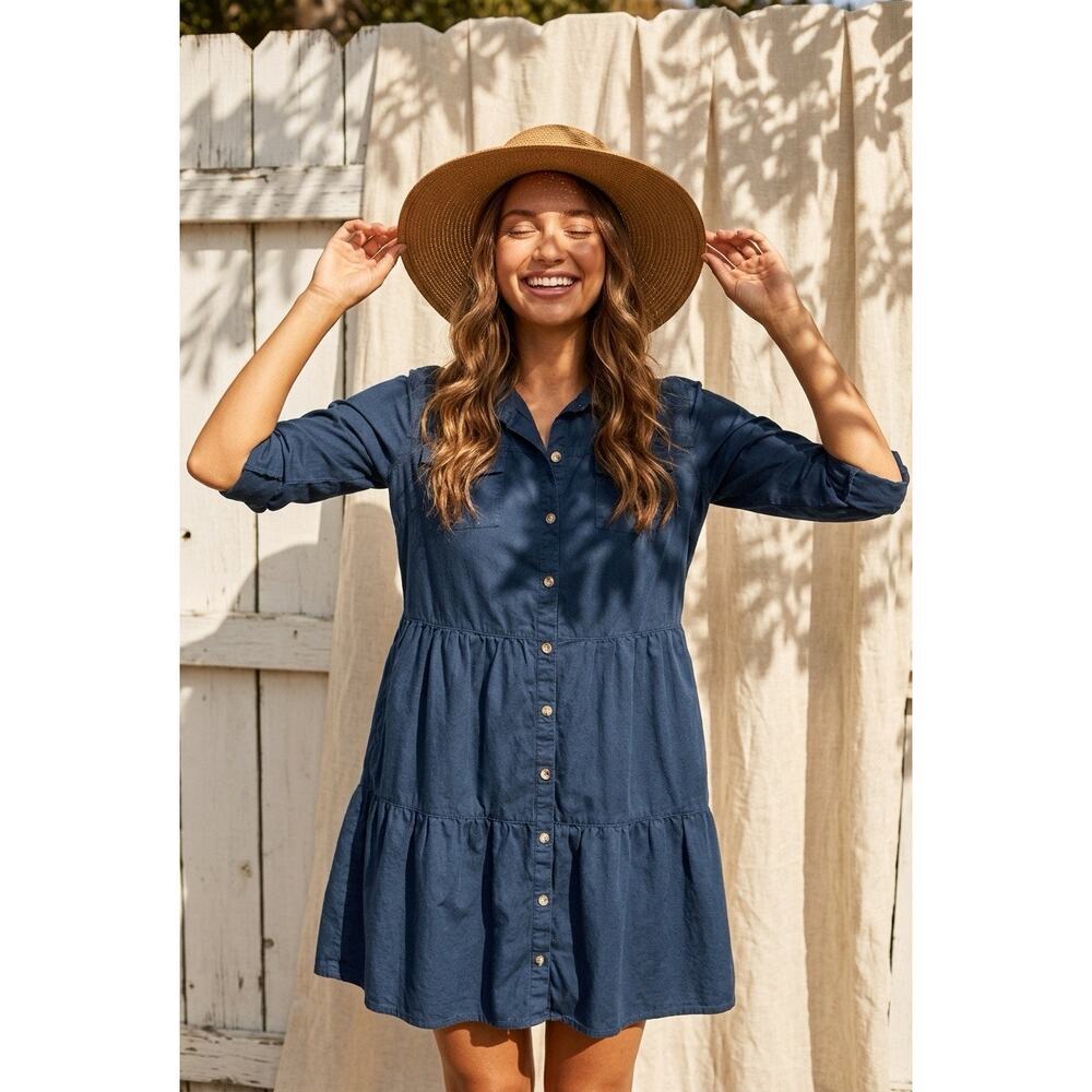Millenium Button Front Shirt Dress Womens Medium 100% Cotton 3/4 Roll Tab Sleeve